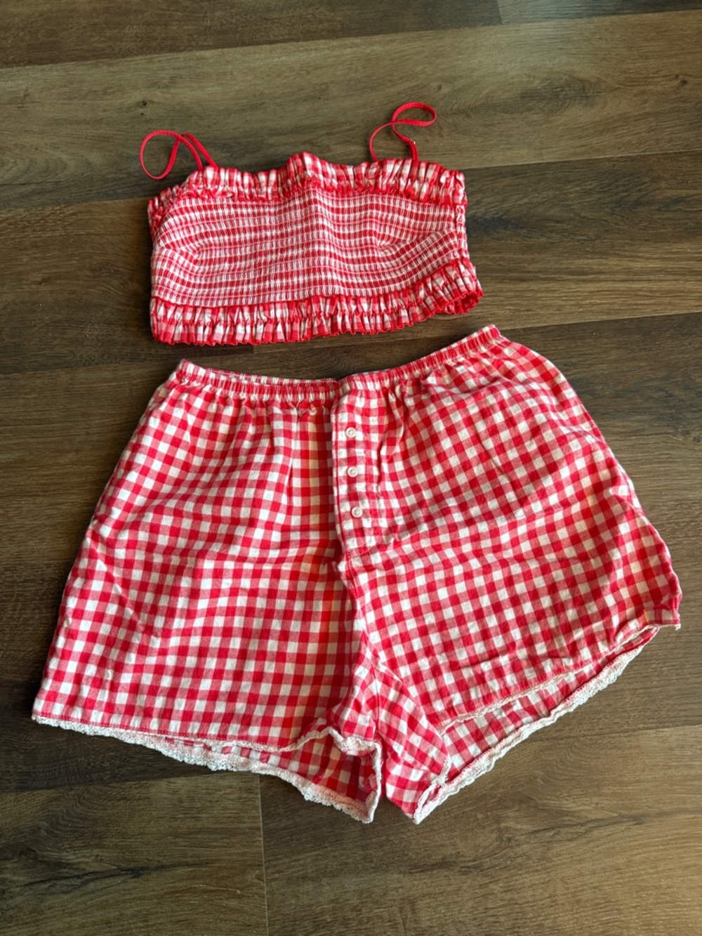 Colsie Red & White Gingham Smocked Crop Top and Shorts Set
